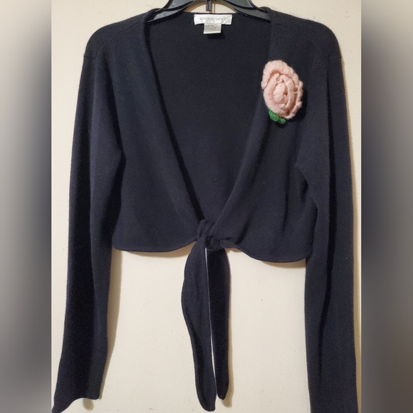 Newport News Sweaters - Vintage Style Black Tie Front Sweater Cardigan with Pink Flower Accent